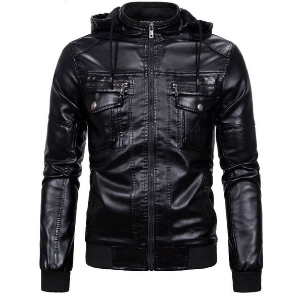 

men's & motorcycle new hooded faux leather jacket men winter fleece bomber pilot jackets size s-xxxl, Black
