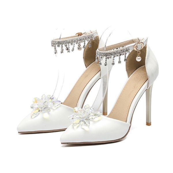 

slippers 2021 summer fashion stiletto white crystal bridal wedding shoes pointed toe all-match banquet dress large size female san, Black