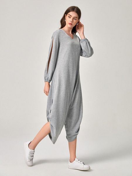 

roll up hem split sleeve jumpsuit n2lj#, White