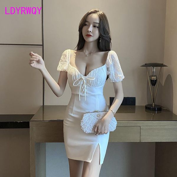 

casual dresses nightclub women's low-chested waist-opening fork bag hip lace stitched tight dress office lady sheath, Black;gray