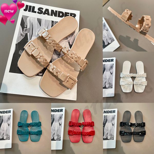 2023 Designer geléia chinelos femininos chinelos de borracha Slides planos lisadas de sandálias Sandálias Sapas de festa vermelha verde preto branco preto 5 cores