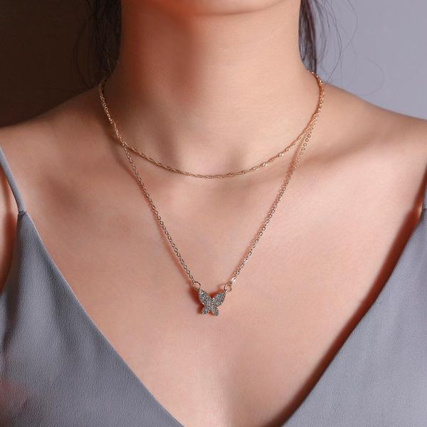 

chokers multilayer simple design lady jewelry birthday wedding party crystal rhinestone butterfly charm pendant necklace for women, Golden;silver