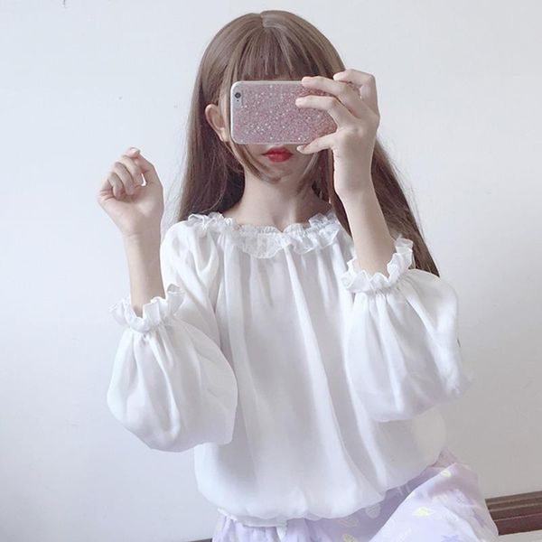 

women's blouses & shirts women blouse chiffon shirt long sleeve bishop sleeves loose lace fairy blusas ropa de mujer, White