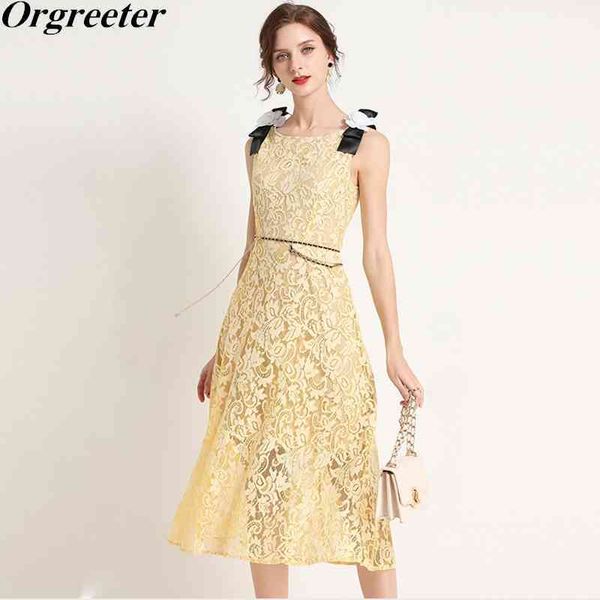 

runway design yellow lace dress o-neck sleeveless tank chic 3d flower bow slim long with chain beaded belt 210525, Black;gray