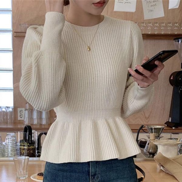 

korean ins fashion basic round neck pullover thin waist hem ruffled long-sleeved knitted sweater 2021 spring women's sweaters, White;black