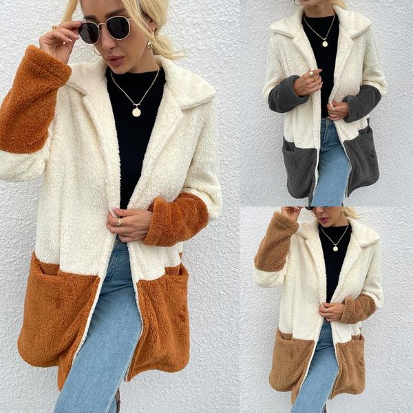 

women's wool & blends 2021 autumn and winter lapel multicolor stitching double-sided comfortable velvet long coat women, Black