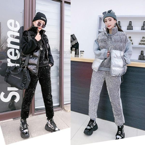 

women's two piece pants autumn winte european splicing sequins 3-piece suit sets 2021 sequin waistcoat sweater long three-piece trend, White