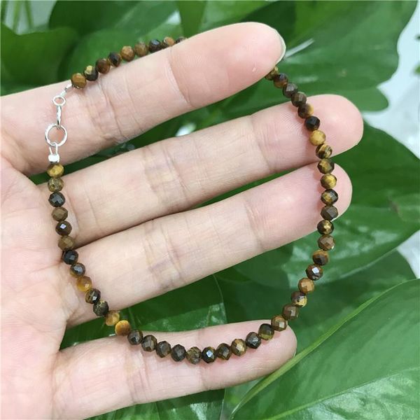 

beaded, strands natural tiny shining tiger's eye stone 3-4mm bracelet 7"925 sterling silver clasp, Black