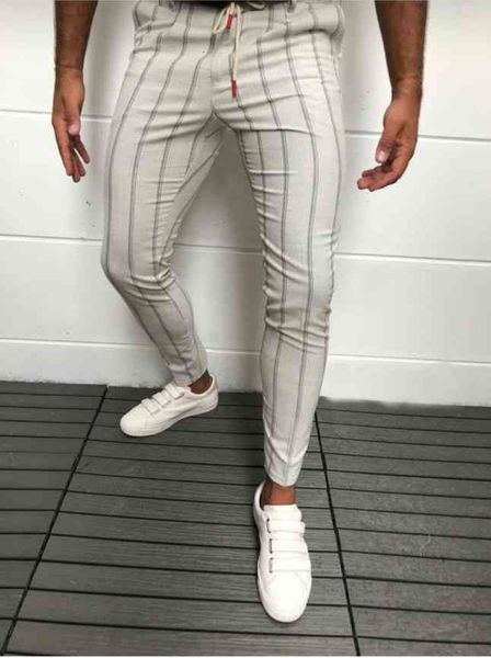 

mens striped pnecil pants lace up slim fit mid waist trousers male casual high street pants, Black
