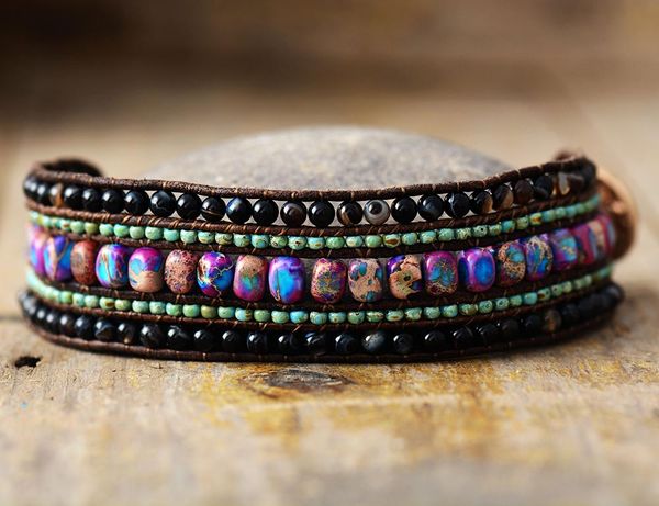 

latest handmade multi row leather wrap bracelet vintagebla beads natural stone weaving cuff bangles bracelets bohemian jewelry a, Golden;silver