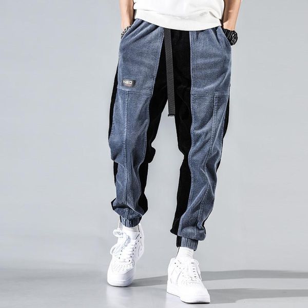 

men's pants 2021 cotton jogger men streetwear casual harem corduroy male trouser spliced cargo oversized hip hop clothing, Black