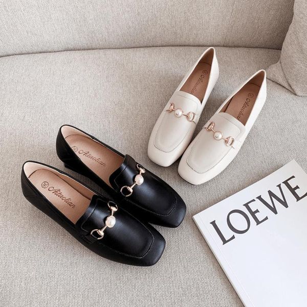 

dress shoes square heels mary jane women casual toe loafers metal decoration shallow oxfords slip on pump zapatos mujer, Black