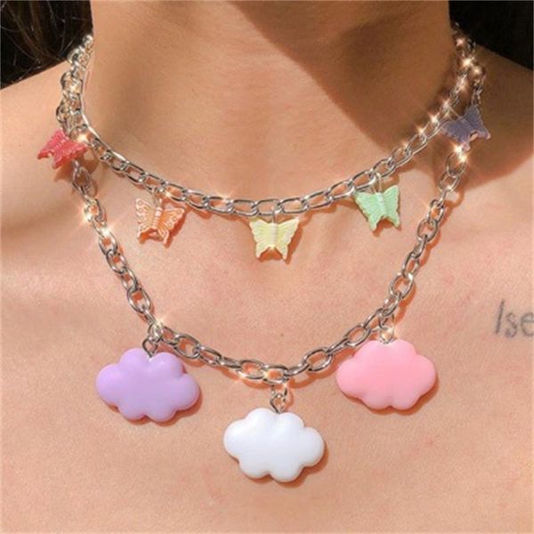 

chokers choker necklace for women colorful acrylic clouds bohemian fashion multi-layer butterfly pendant necklaces girl jewelry gifts, Golden;silver