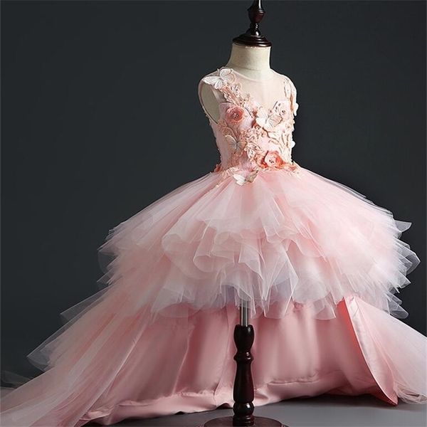 

glizt wedding party flower dresses pink tulle trailing princess beaded floral girl pageant first communion gown 210329, Red;yellow