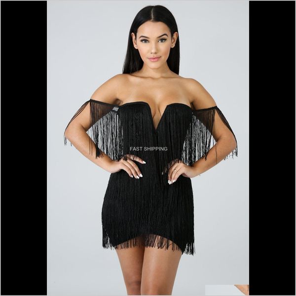 Casual Kleider Bekleidung Quaste Kleid Frauen Sexy Sommer Off Schulter Strand Strap Low Cut Schwarz Weiß Kurze Party Für Egngi