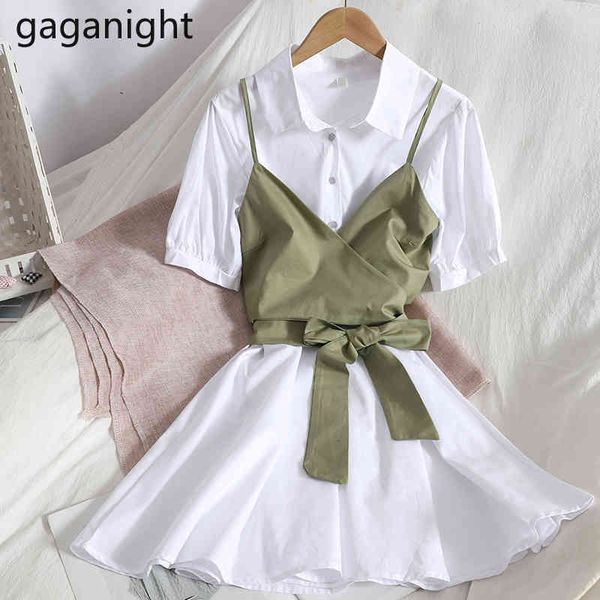 

gaganight casual 2 piece sets women turn-down collar solid white shirt dress and criss cross bow bandage camis summer suits 210519