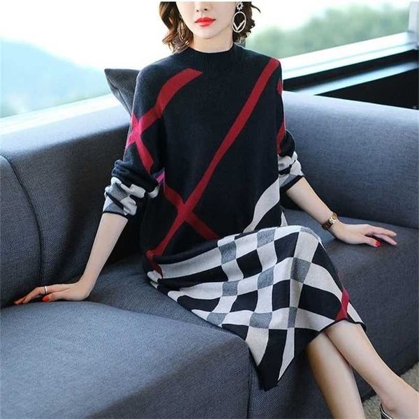 

vintage plaid and striped long sleeve knit dress loose women autumn midi es office elegant work sweater female 211109, Black;gray