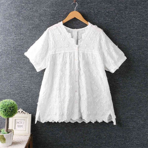 

women's t-shirt lamtrip v-neck flowers stitch retro short sleeve cotton shirt mori girl 2021 summer tk5f, White