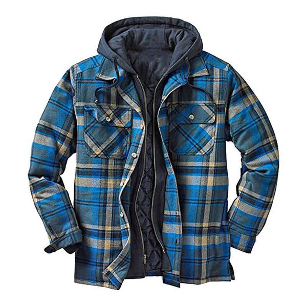 

european american men's quilted lined button down cotton plaid shirt add veet warm long-sved with hood autumn winter et, Black