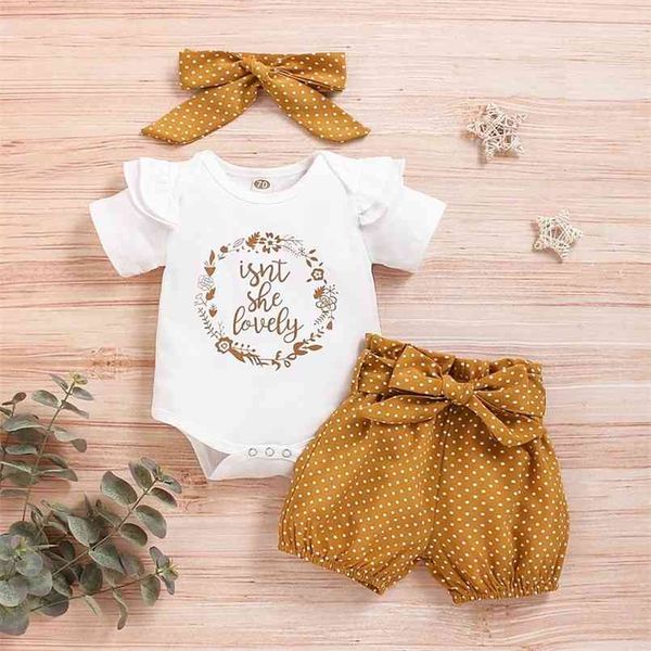 

summer 3-piece letter print bodysuit and dotted shorts set baby toddler girl sets clothes 210528, White