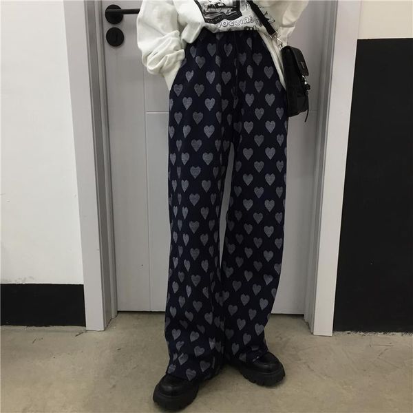 

women's pants & capris korean fashion blue heart print jogging sweatpants women baggy harajuku streetwear joggers sports wide leg trous, Black;white