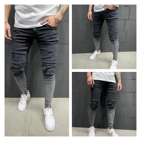 

men's jeans 2021 for men contrast color hip hop skinny hole casual punk pants man gradient mens streetwear, Blue