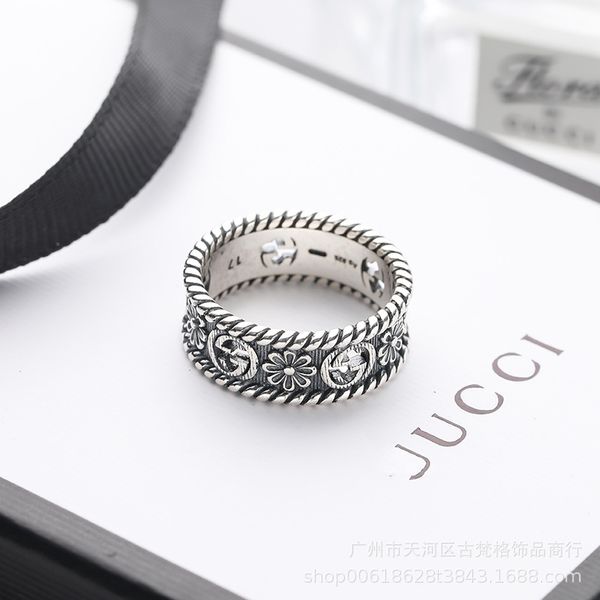 

2021 high-quality jewelry 70% off sale hollow out double engraved stripe hemp thread ring 925 silver fashion old hip hop couple, Black