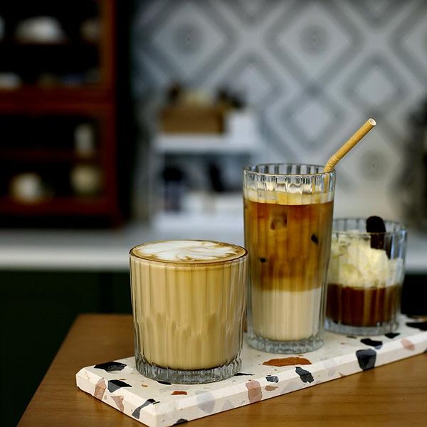 

vintage glass cups vertical stripe tumbler cold extraction coffee/milky tea drinking utensils dessert store supplier & saucers