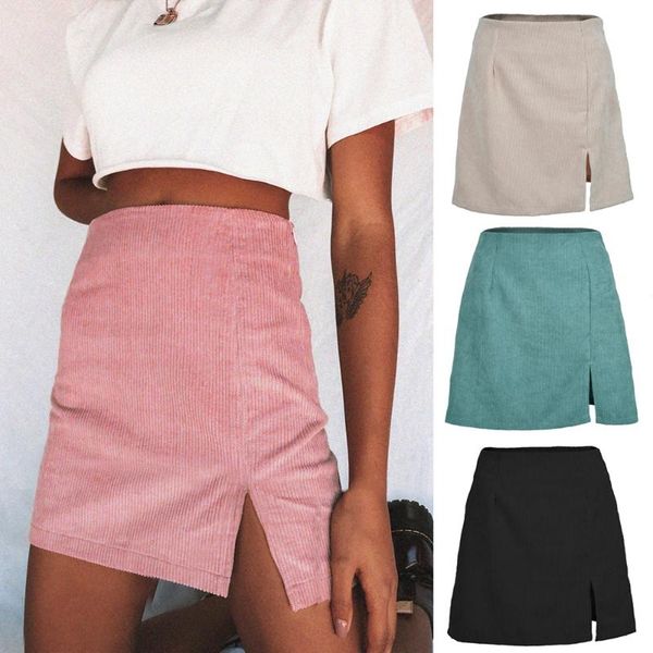 

fashion ins style high waist corduroy mini skirt casual solid collor slit a-line fall skirts for women, Black