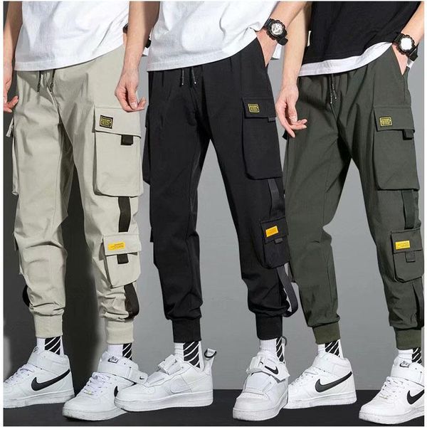 

men's pants stylish 2021 mens trousers solid multi pockets cargo skinny fit straight sweatpants track male sports, Black