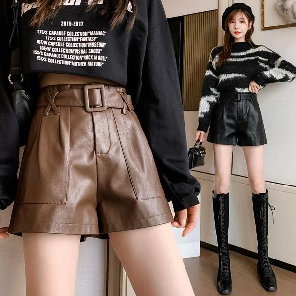

women's shorts y2k autumn winter women high waist faux leather loose wide leg belt buckle fashion elastic pu casual trouser, White;black
