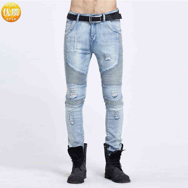 

men's jeans biker men's motorcycle jeans european splicing elastic leggings, Blue