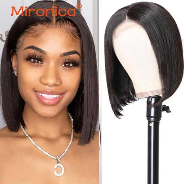 

mironica hair 4x4 lace front human wigs brazilian 10-24 inch short straight blunt cut bob for black women, Black;brown