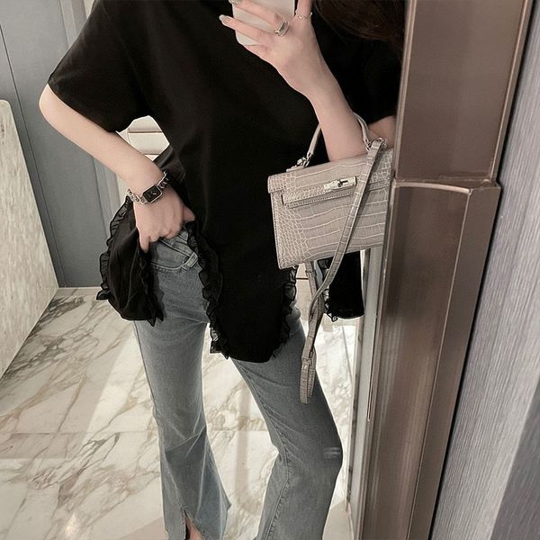 

new irregular chiffon short sleeve t-shirt with summer cut-out hem, Gray