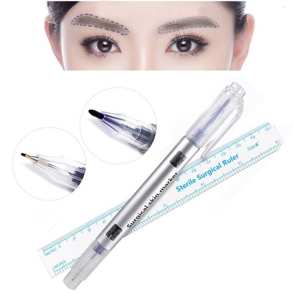 

2 pcs/set waterproof microblading tattoo eyebrow marker pen with measure measuring ruler lip liner body art makeup tools