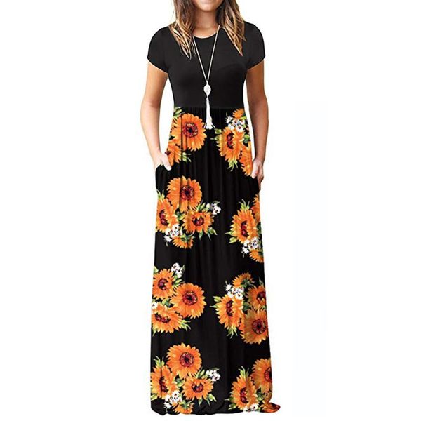 

casual dresses 2021 plus size fashion women's summer dress sleeve o-neck sunflower printed maxi tank long women vestidos, Black;gray