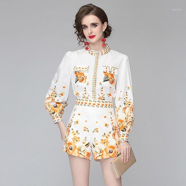 

summer fashion runway two piece suit set women stand collar long sleeve flower print shirt + shorts sets women's tracksuits, Gray