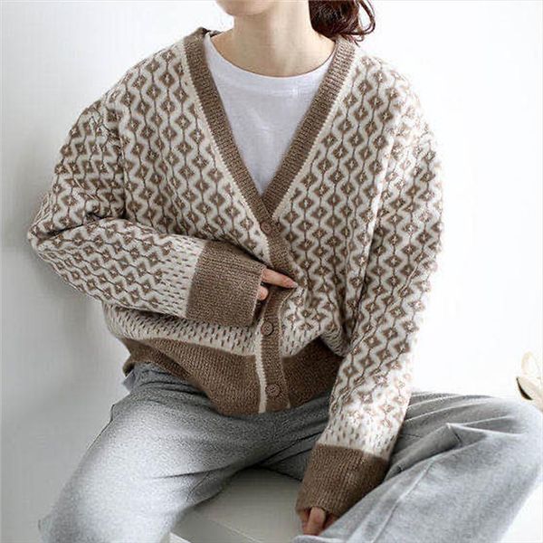 

women loose button down knitwear womens sweater casual long sleeve v neck geometric print cardigan coat for spring fall, White;black