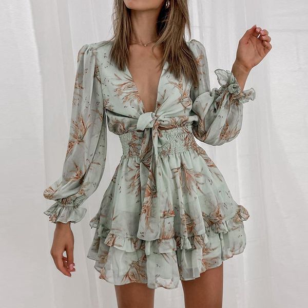 

casual dresses women spring v neck chiffon print dress self-tie knot front ruffles leopard female short a line party vestidos 2021, Black;gray