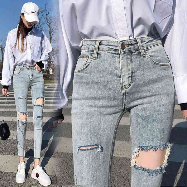 

women's jeans spring / summer high waisted women slim, elastic and perforated little feet pencil pants tight capris hchi, Blue