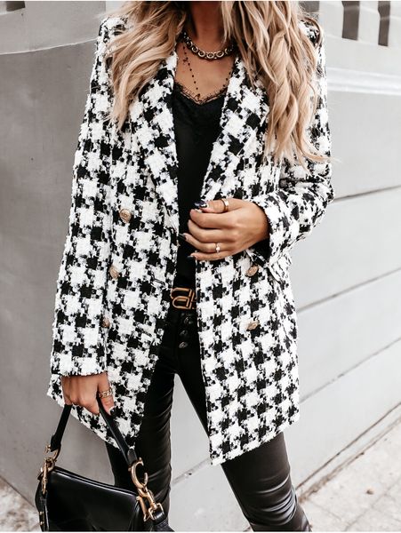 

spring print lapel medium length printing suit coat women clothing, Black;white