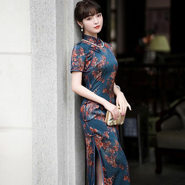 

ethnic clothing vintage slim satin female qipao floral printed mandarin collar cheongsams traditional oriental chinese dress formal gow, Red
