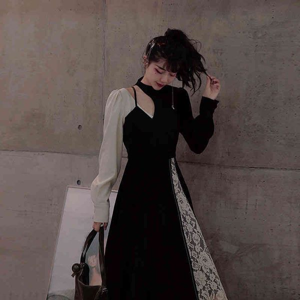 

casual dresses ins goth black dress gothic high waist long sleeve vintage lolita elegant party night slit female outwears pri, Black;gray