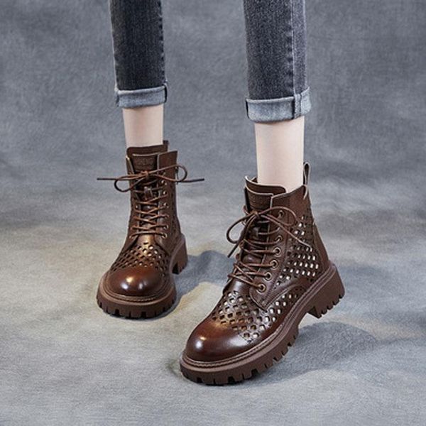 

boots women's designer spring 2021 hollow perforated shoes leather thick-soled women, Black