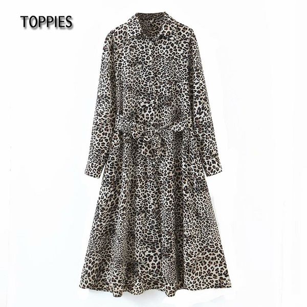 

ies leopard printing shirt dress women long sleeve midi dresses turn down collar belt a-line 210412, Black;gray