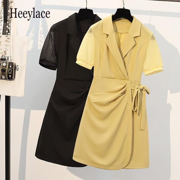 

plus size dresses office ladies elegant solid midi for women summer short sleeve high waist pleated workwear business vestidos, Black