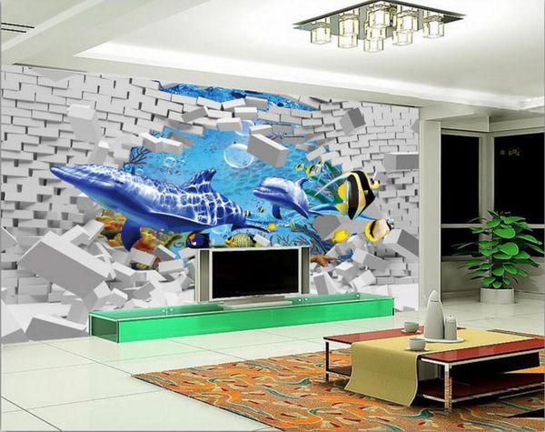 

wallpapers custom mural 3d wallpaper sea world whale dolphin brick wall decor painting murals for living room walls 3 d