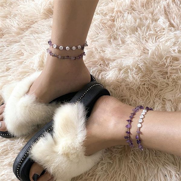 

anklets fashion simple ins shaped gravel rice beads elastic anklet female beach holiday style letter vintage foot ornament, Red;blue