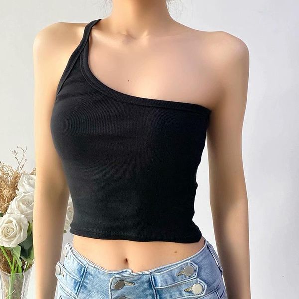 

women's tanks & camis asymmetric oblique shoulder backless tank-ladies clothes solid sleeveless cropped camisole women slim pullover, White