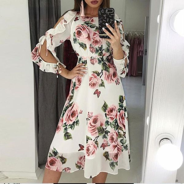 

casual dresses vintage floral printing women chic lace up ruffle hem sleeve hollow out midi for elegant vestidos, Black;gray